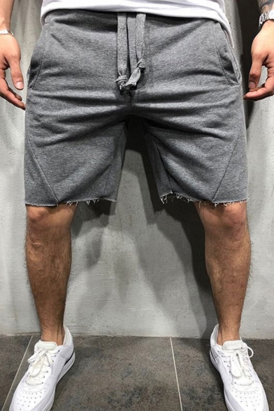 Casual Lounge Shorts Plain Distressed Drawstring Waist Mid Rise over The Knee Length Fitted Shorts for Men