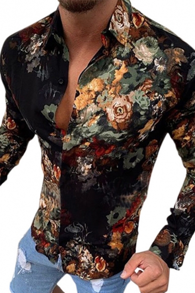 Casual Man's Shirt Button up Floral Printed Long-Sleeved Lapel Slim Fitted Shirt