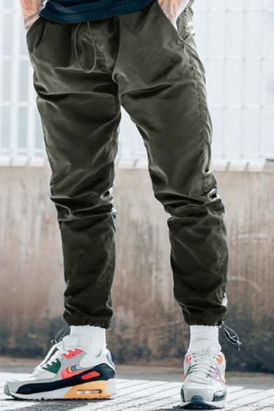 Casual Mens Pants Solid Color Pockets Mid Waist Ankle Drawstring Fitted Pants