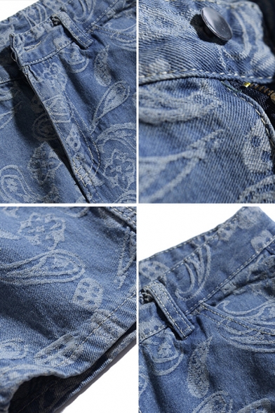 Chic Jeans Paisley Printed Zip Fly Stretch Denim Two-Pocket Styling Fitted Jeans for Men
