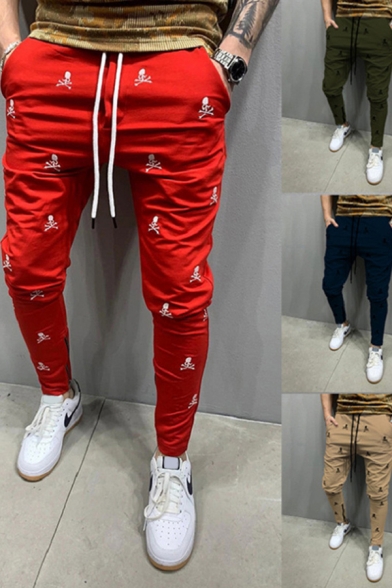 Chic Mens Pants All over Skull Printed Drawstring Zipper Detail Ankle Length Fitted Pants