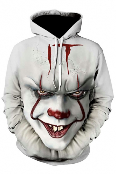 Chic White Hoodie Clown 3D Print Loose Long Sleeves Drawcord Front Pocket Loose Fit Hoodie for Men