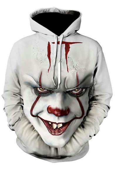Chic White Hoodie Clown 3D Print Loose Long Sleeves Drawcord Front Pocket Loose Fit Hoodie for Men