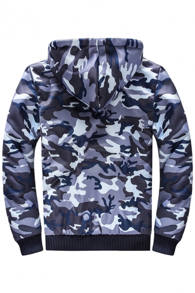 Cool Hoodie Camouflage Printed Full Zip Front Pocket Long-sleeved Regular Fitted Thicken Hoodie for Men
