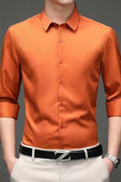 Dashing Button Shirt Pure Color Long-Sleeved Turn Down Collar Slim Shirt for Men