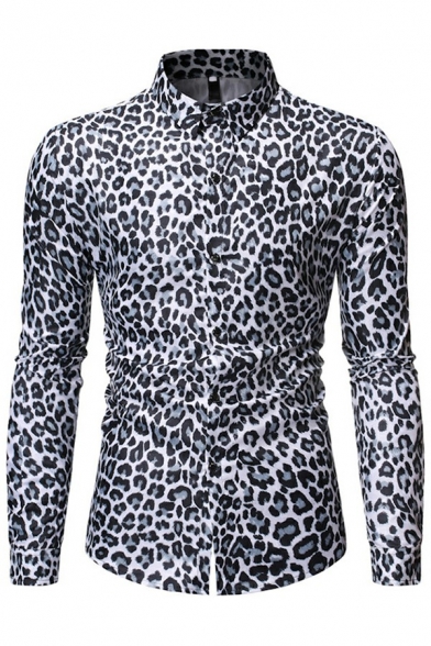 Edgy Mens Shirt Leopard Print Long Sleeves Turn Down Collar Button-down Slim Shirt