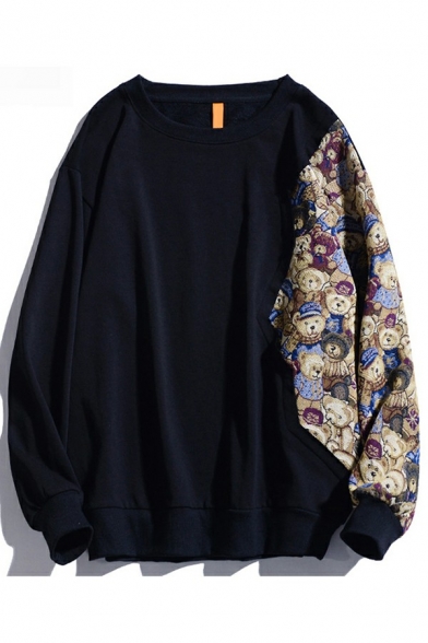 Fancy Mens Sweatshirt Cartoon Bear Print Long-Sleeved Round Neck Loose Patchwork Pullover Sweatshirt