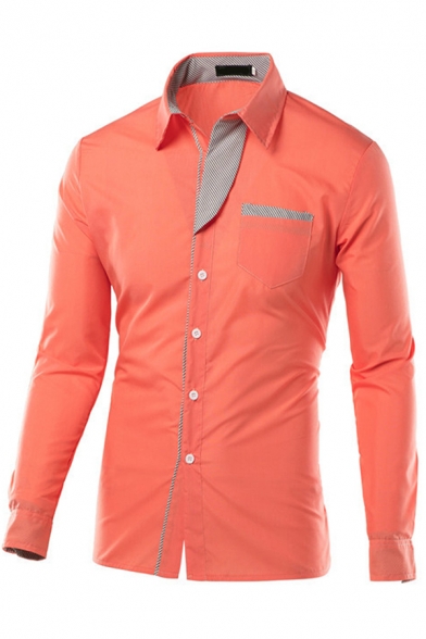 Fashionable Men's Button Shirt Contrast Panel Long Sleeve Lapel Slim Shirt