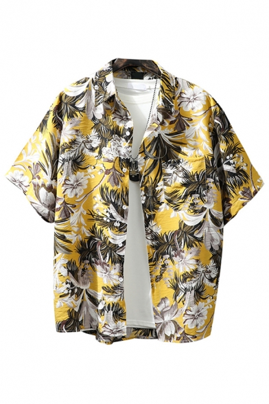Holiday Mens Button Shirt All over Plants Printed Short Sleeve Turn Down Collar Relaxed Shirt Top
