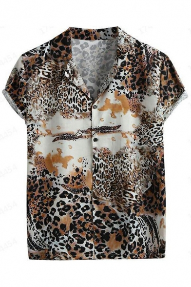 Men Chic Shirt Leopard Print Notch Collar Button Closure Short-sleeved Slim Fitted Shirt