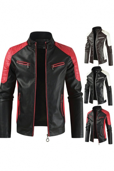 Men Cool Leather Jacket Color Block PU Stand Collar Zip Fly Pocket Detailed Regular Fit Leather Jacket
