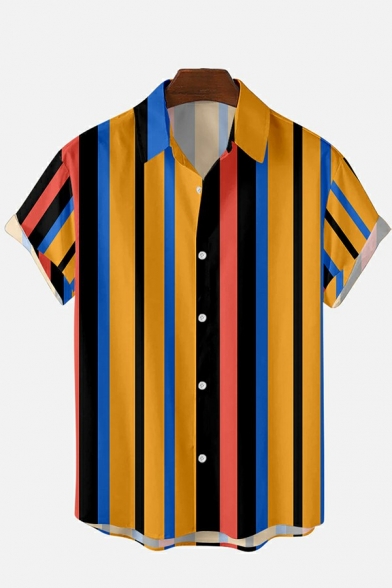 Men Modern Shirt Stripe Patterned Short Sleeve Spread Collar Button-down Loose Shirt Top