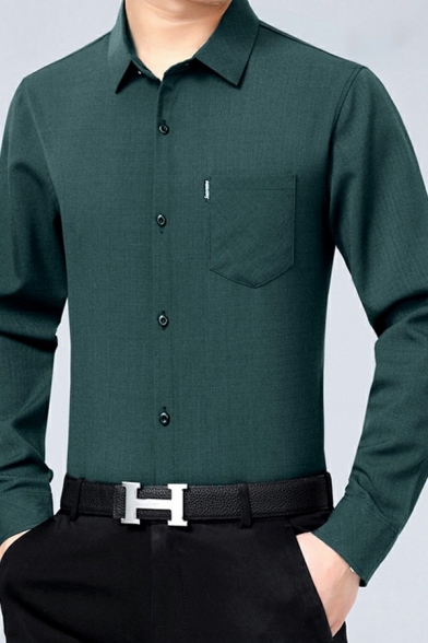 Men Retro Dress Shirt Plain Spread Collar Chest Pocket Button Closure Long Sleeves Regular Fitted Shirt