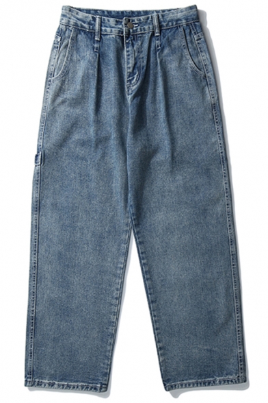 Men Retro Jeans Pure Color Zip Closure Stretch Denim Two-Pocket Styling Loose Fit Jeans