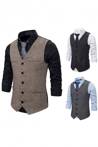 Men's Vintage Suit Vest Plain Chain Embellished Pocket Detailed Buckle Back Single Breasted V-Neck Slim Vest