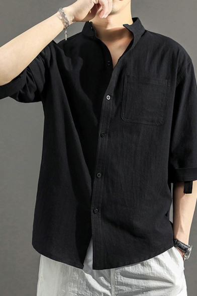 Men Simple Shirt Solid Color Button up Stand Collar Half Sleeves Regular Fitted Shirt