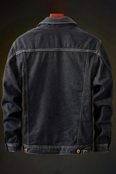 Men Trendy Jacket Pure Color Long Sleeve Button Closure Flap Pockets Lapel Slim Fit Denim Jacket in Black