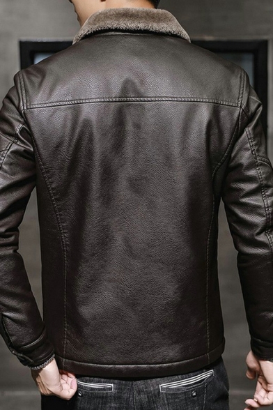 Men Trendy Leather Jacket Solid Color PU Turn-down Collar Zip Fly Front Pocket Regular Leather Jacket