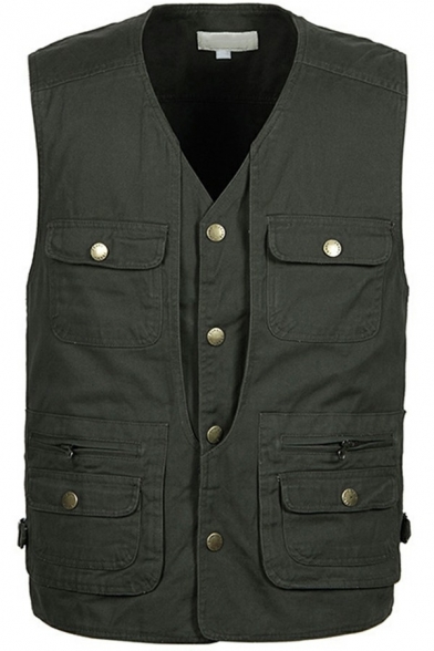 Mens Leisure Vest Solid Color V-Neck Button Closure Flap Pocket Regular Fit Vest