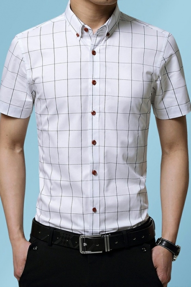Modern Mens Shirt Plaid Printed Button Down Collar Short Sleeve Slim Fitted Shirt Top