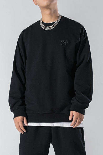 Modern Pullover Sweatshirt Embroidery Logo Long-sleeved Crew Neck Relaxed Fit Hip Hop Sweatshirt for Men