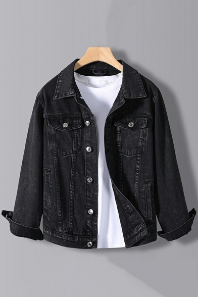 Popular Black Jacket Bleach Plain Button up Flap Pockets Long Sleeve Spread Collar Fit Denim Jacket for Boys