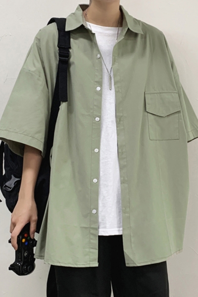 Street Look Men's Shirt Solid Color Chest Flap Pocket Half Sleeves Point Collar Button Closure Oversized Shirt Top