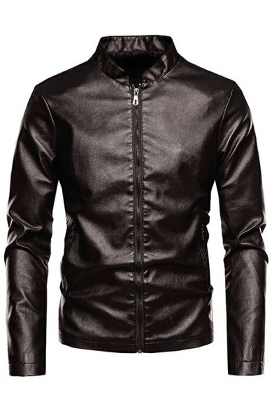 Stylish Jacket Pure Color Zip Closure Stand Collar Zip Pockets Long Sleeve Fitted Leather Jacket for Men