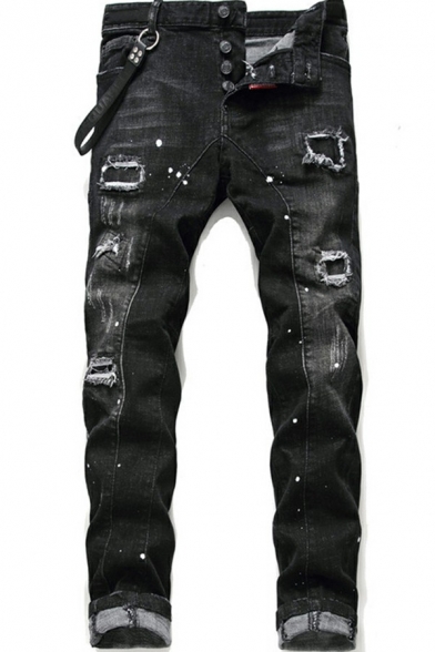 Stylish Jeans Distressed Mid Rise Button-Closure Straight-Leg Jeans for Men