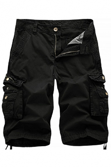 Stylish Shorts Pure Color Side Flap Pockets Zipper Fly Knee Length Cargo Shorts for Mens