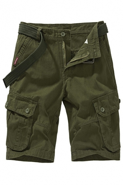 Trendy Men's Shorts Plain Flap Pockets Knee Length Zipper Fly Straight Cargo Shorts