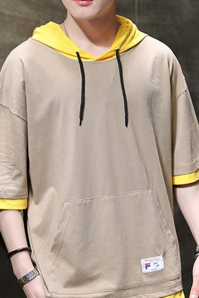 Urban Hoodie Plain Pull-over Drawstring Kangaroo Pocket Half Sleeve Regular Fitted Hoodie for Men