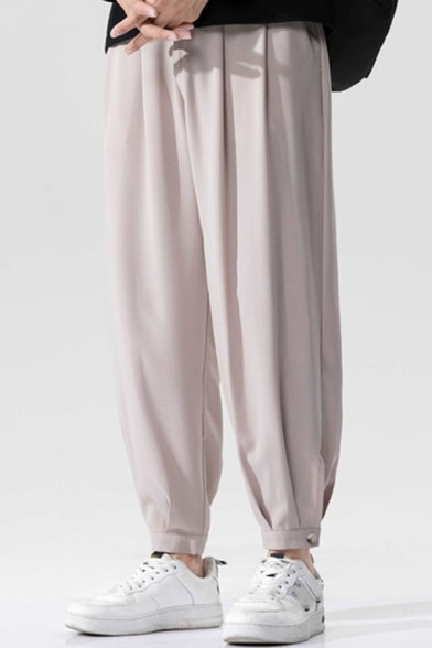 Basic Men's Pants Solid Color Folds Detail Side Pockets Ankle Tapered Pants