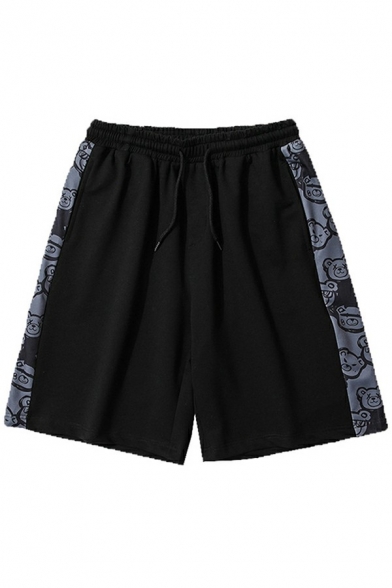 Casual Drawstring Shorts Contrast Bear Print High Rise Knee Length Relaxed Fit Shorts for Men