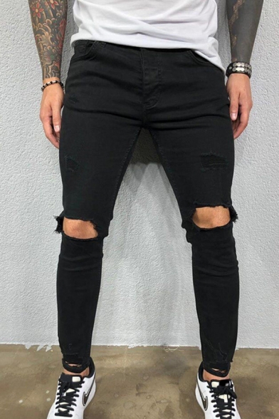 Casual Men's Jeans Solid Color Broken Hole Mid Rise Ankle Length Skinny Jeans