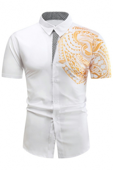 Chic Men's Shirt Totem Pattern Short Sleeve Point Collar Button-down Fitted Shirt
