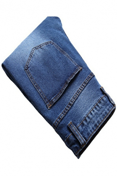 Classic Jeans Mens Medium Wash Ripped Zipper Fly Long Slim Fitted Jeans with Pockets