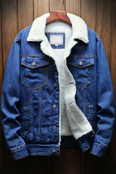 Cool Mens Jacket Plain Turn Down Collar Long Sleeve Button Closure Relaxed Thickened Denim Jacket