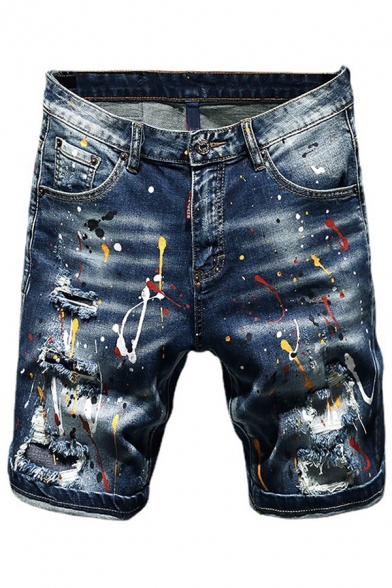 Dashing Men's Jeans Colored Spray Paint Mid-Rise Zip-Fly Slim Fit Denim Shorts