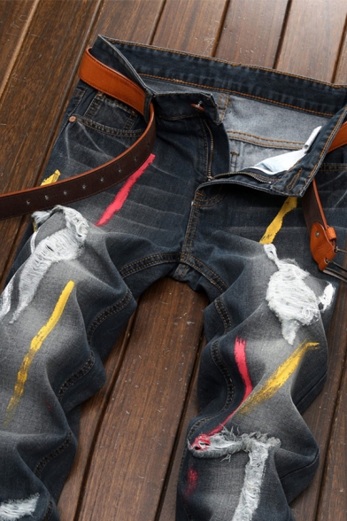 Dashing Men's Jeans Oil Paint Print Distressed Mid-Rise Zip-Fly Slim-Cut Full Length Jeans