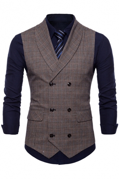 Elegant Waistcoat Plaid Pattern Flap Pockets Belt Back Design Double-Breasted Notched Lapel Slim Suit Vest for Men