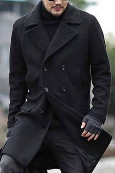 Elegant Woolen Coat Plain Flap Pockets Long-Sleeved Lapel Collar Double Breasted Slim Fit Woolen Coat for Men