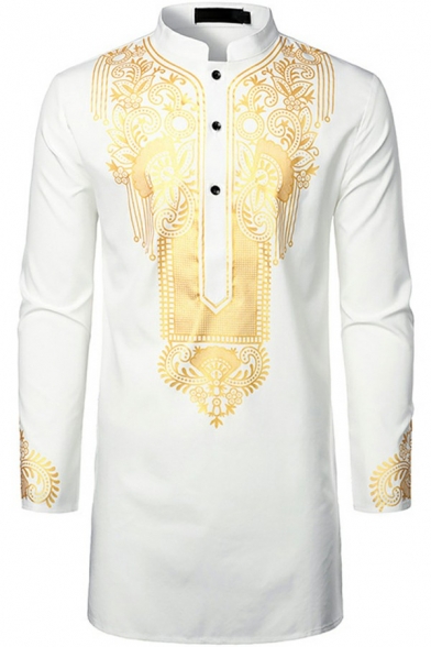 Ethnic Style Shirt Totem Pattern Hot Stamping Button-down Long Sleeve Stand Collar Fitted Shirt for Men