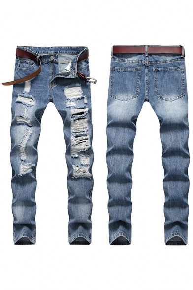 Fashionable Men's Jeans Plain Distressed Bleach Mid Rise Long Length Skinny Jeans