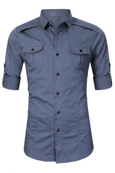 Formal Shirt Plain Long Sleeves Point Collar Button-down Slim Fit Shirt Top for Men