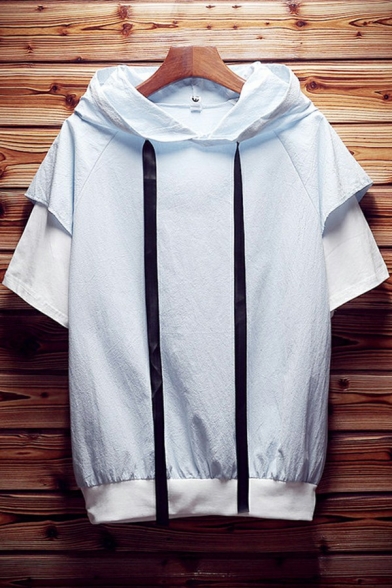 Guys Creative Hoodie Cartoon Cat Printed False Two Piece Short Sleeve Drawstring Fitted Hoodie