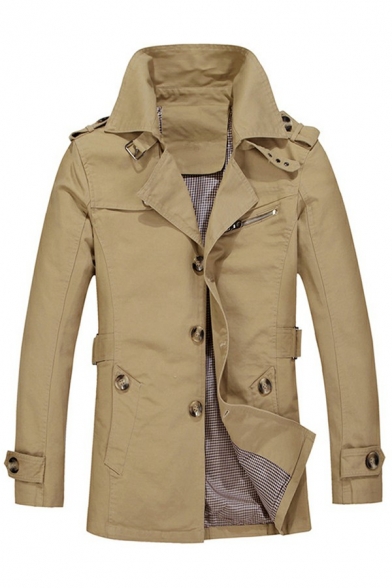 Guys Elegant Trench Coat Solid Color Zipper Detail Single Breasted Long Sleeve Lapel Collar Regular Trench Coat
