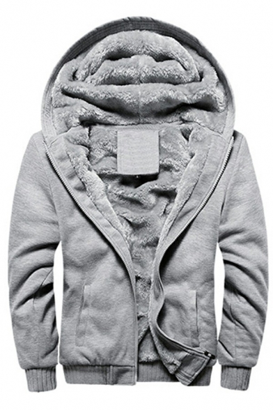 Leisure Hoodie Pure Color Sherpa Lined Zipper Fly Long Sleeve Loose Fitted Hoodie for Men