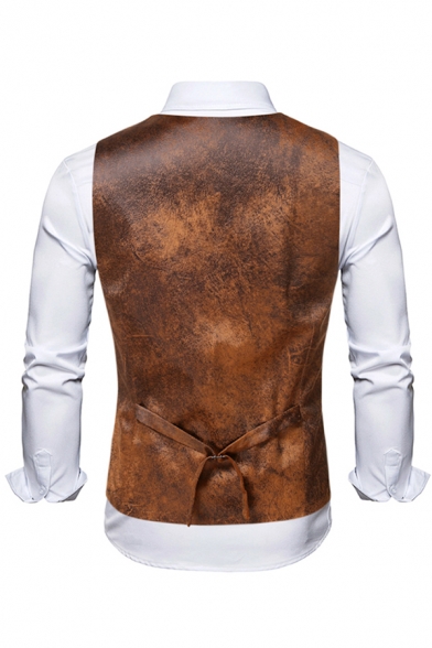 Leisure Men's Suit Vest Single Breasted Chest Pocket Buckle Back Design V-Neck Slim Suit Vest