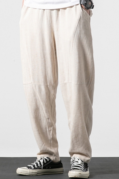 Leisure Pants Solid Color Pocket Detailed Elastic Waist Carrot Pants for Men